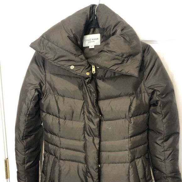 Cole Haan Signature full maxi length brown puffer coat, size extra small - Picture 2 of 16